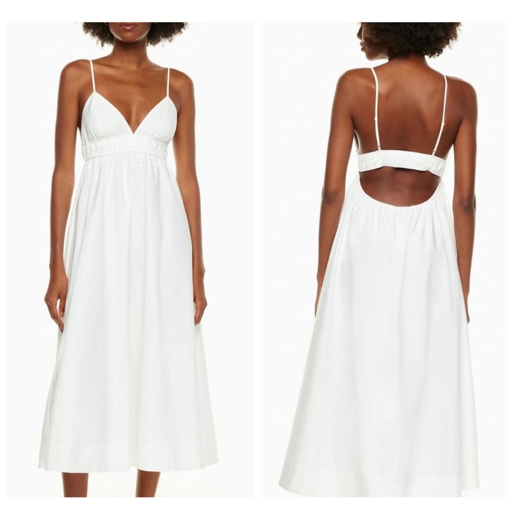Aritzia Babaton Poplin Blue White Pinstripe Open Back Midi Dress Sz L V-Neck‎